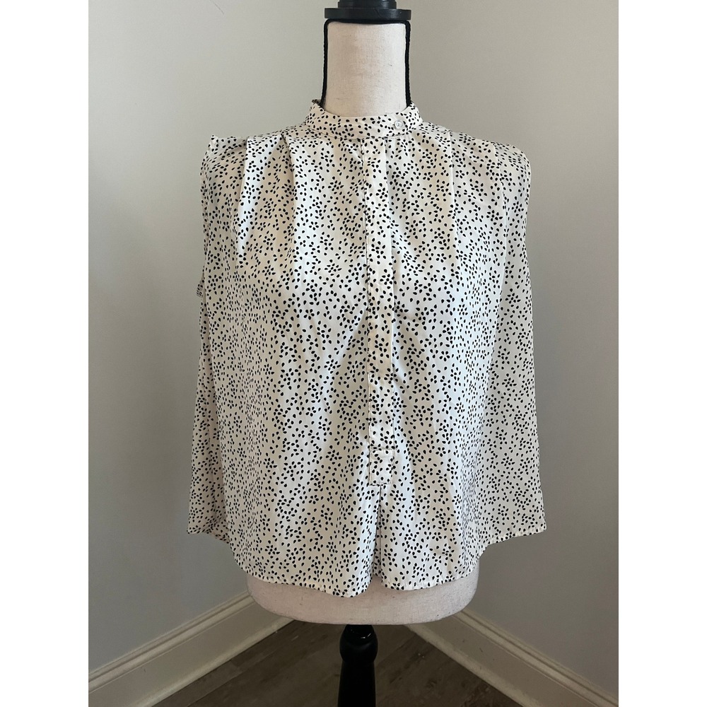 THML White Dotted Office Blouse XS Sleeveless Mock Neck Preppy French Minimalist